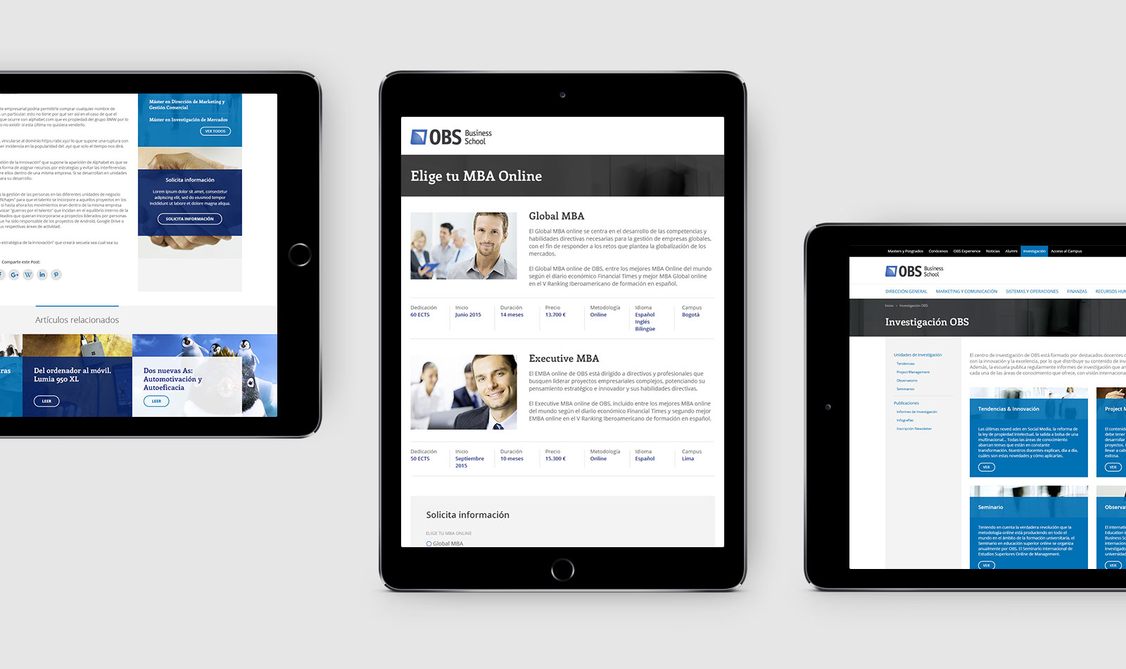 Varias páginas de la web de OBS Business School