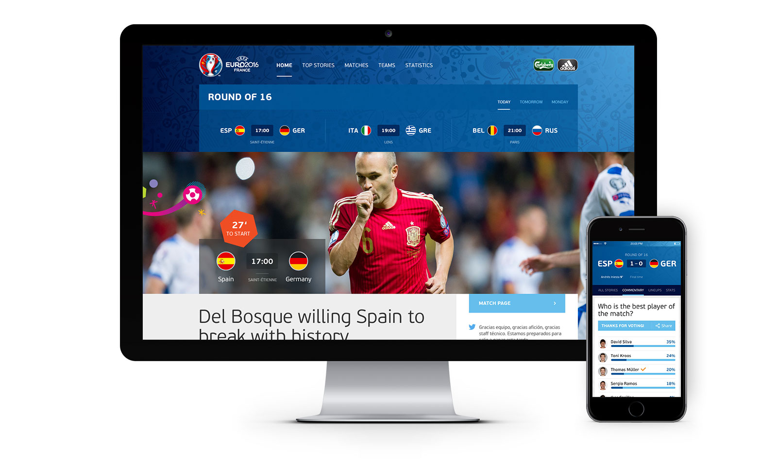 Página inicio de la Euro 2016 y una página de la app